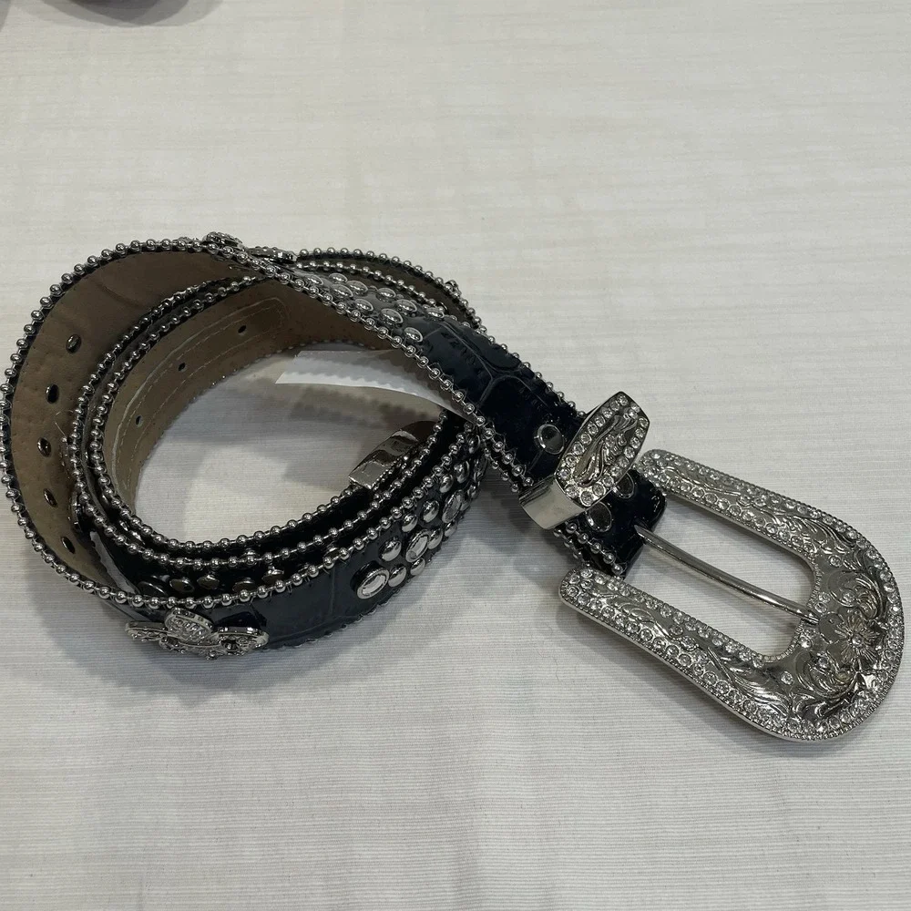 Blazin Roxx Womens Black Leather Rhinestone Western Belt Fleur De Lis 46in